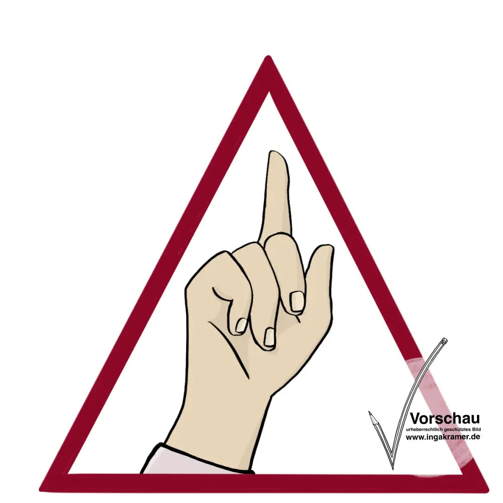 Eine Hand mit erhobenem Zeigefinger. Um die Hand ist ein rotes Dreieck.