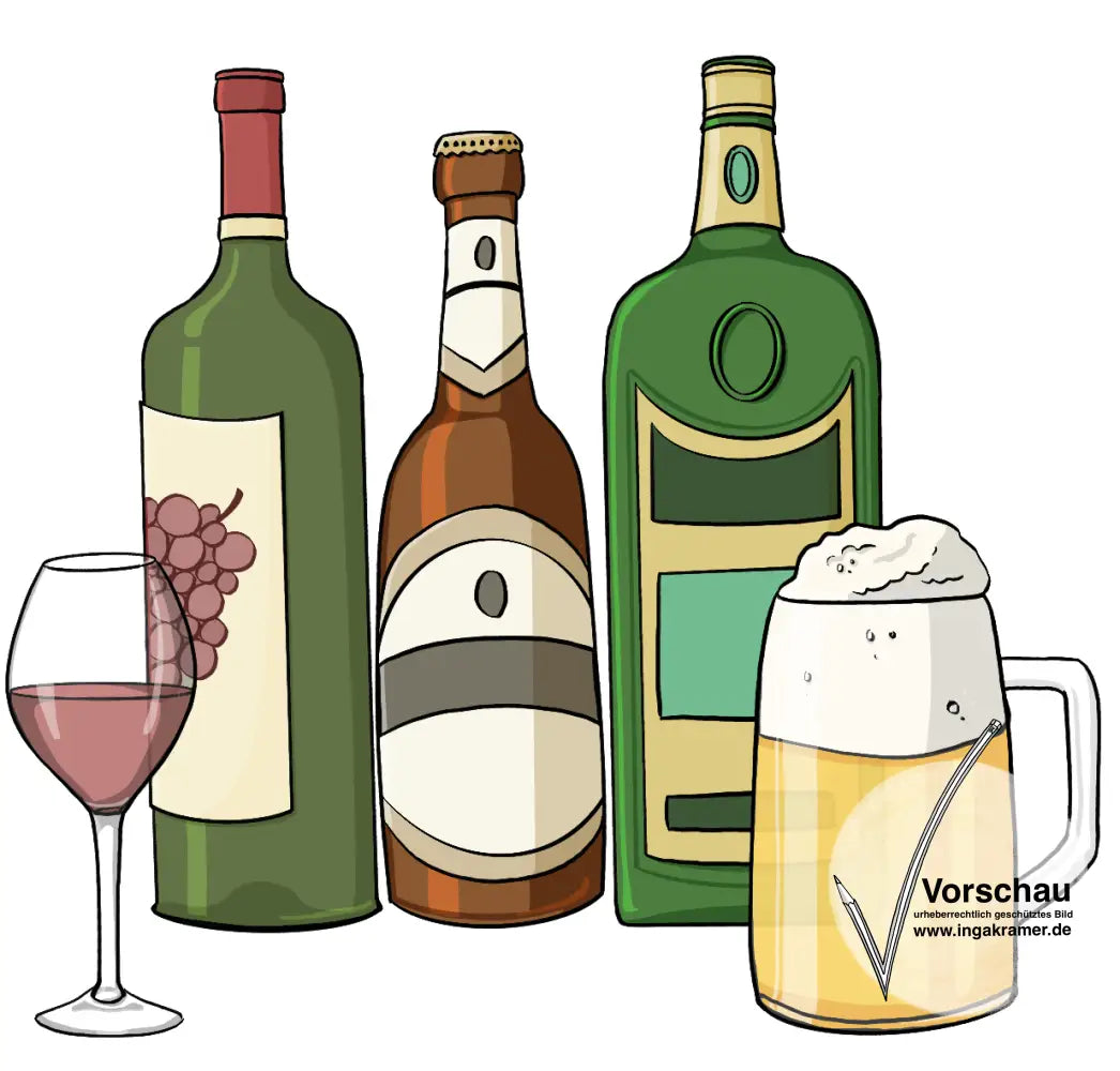 Eine Weinflasche, eine Bierflasche, eine Schnapsflasche, ein Glas mit Wein und ein Glas mit Bier.