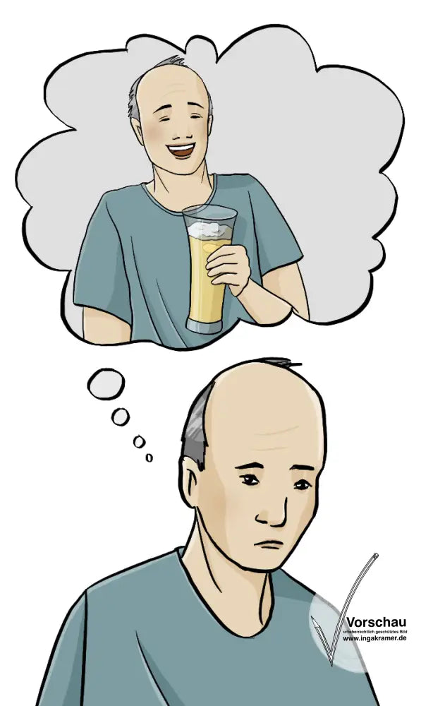 Ein unglücklich schauender Mann mit einer Denkblase. In der Denkblase ist der gleiche Mann mit einem Glas Bier. Er lacht.
