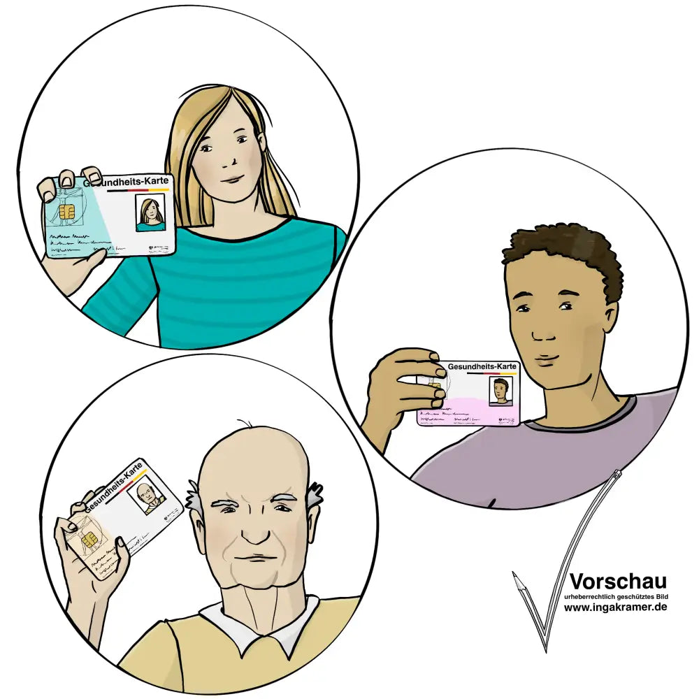 3 verschiedene Personen zeigen ihre Gesundheitskarte. Eine junge Frau, ein junger Mann und ein älterer Mann.