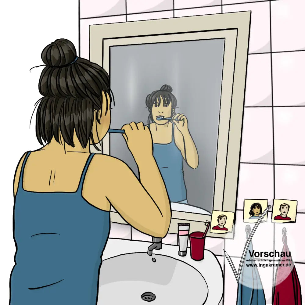 Eine Frau steht im Badezimmer vor dem Spiegel. Sie putzt sich die Zähne. Neben dem Spiegel hängen zwei Handtücher. Die Handtücher sind mit Schildern gekennzeichnet: Das eine Handtuch gehört der Frau, das andere Handtuch gehört ihrem Mann.