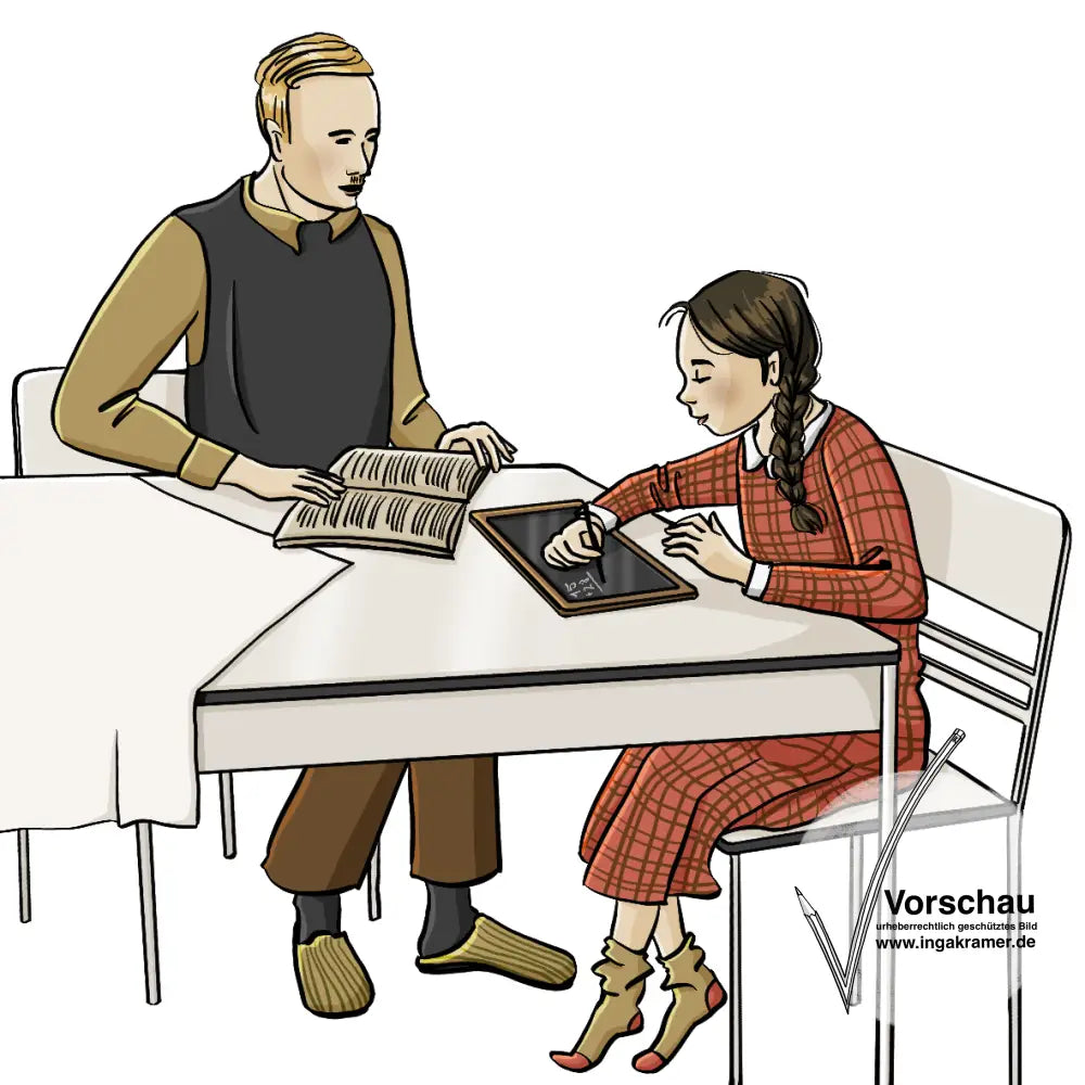 Ein Mann und ein Mädchen sitzen am Tisch. Das Mädchen schreibt auf einer Tafel.