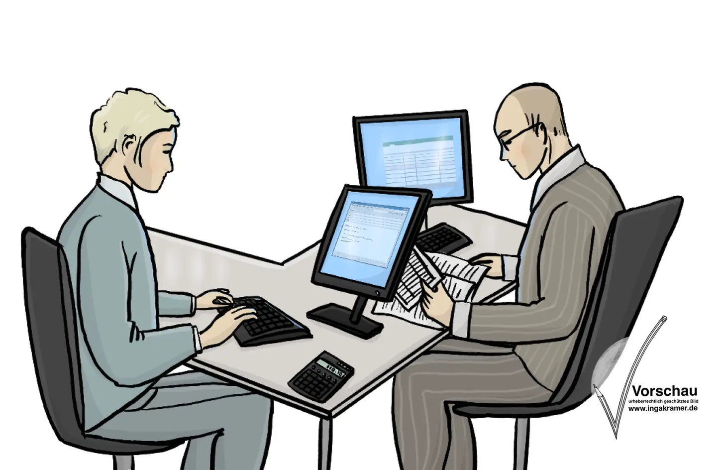 zwei Männer in Anzügen sitzen an Schreibtischen am Computer.