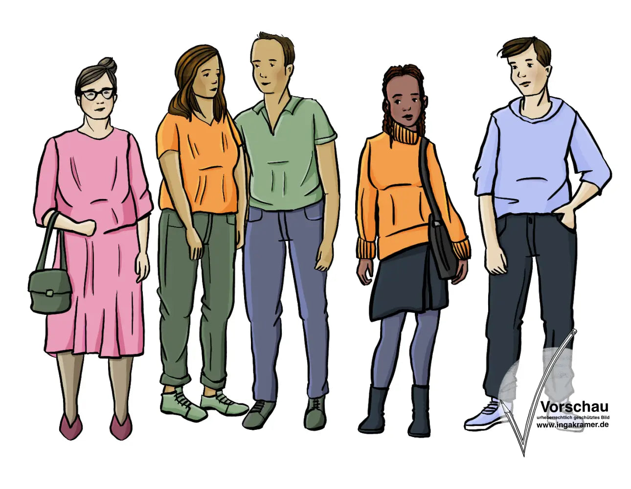 Verschiedene Angehörige stehen nebeneinander: Eine Oma, Eltern, ein Freund und eine Freundin.