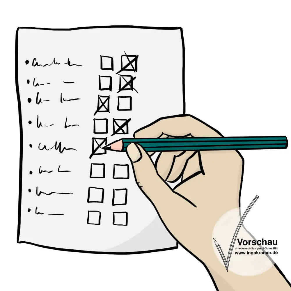 Eine Hand kreuzt auf einem Zettel etwas an.