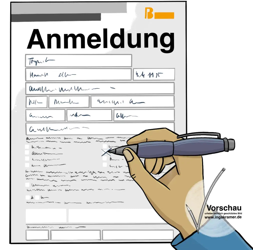 Eine Hand füllt ein Formular aus. Auf dem Formular steht: Anmeldung.