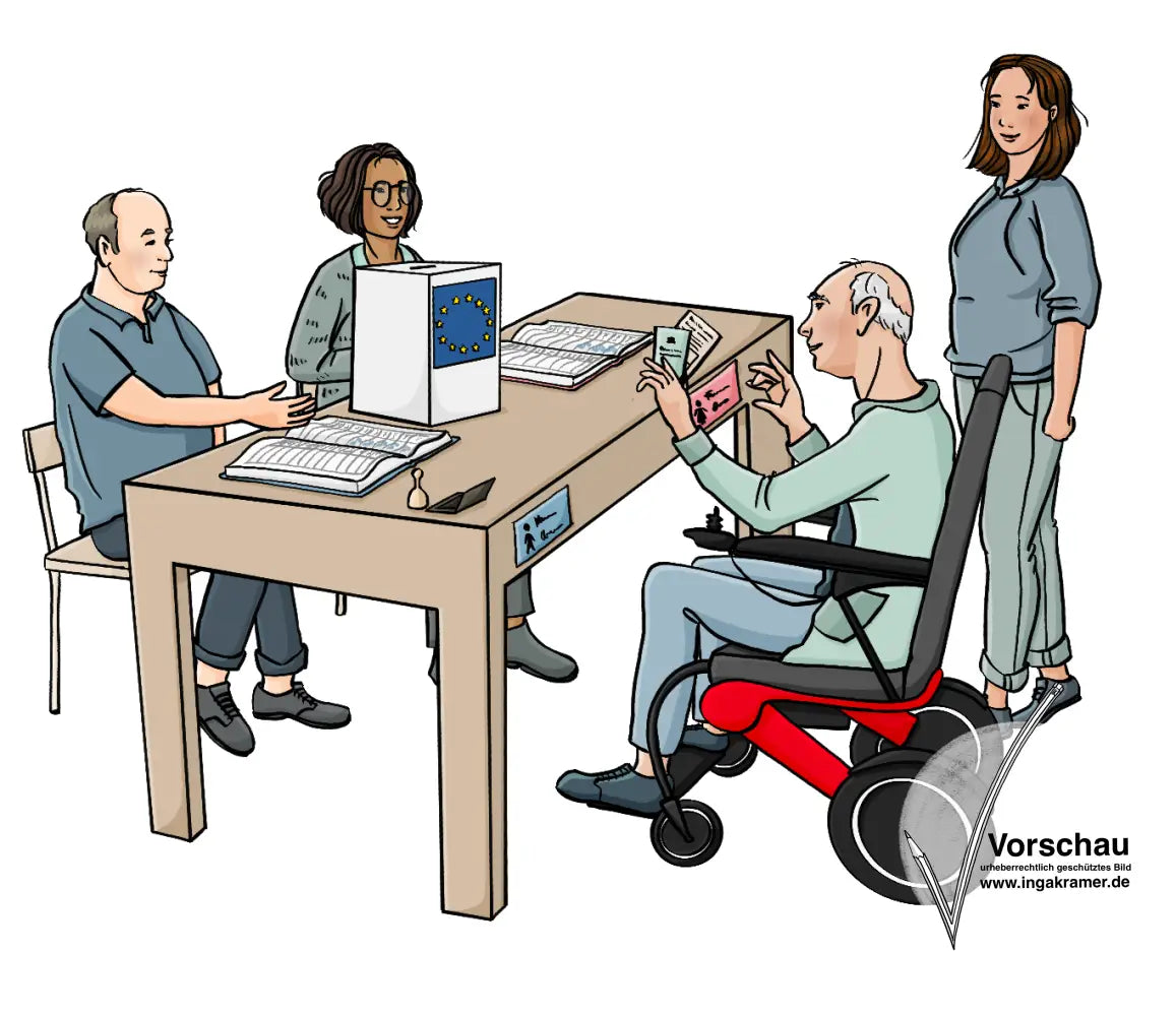 Ein Mann und eine Frau sitzen an einem Tisch. Auf dem Tisch sind eine weiße Kiste mit der Europaflagge und zwei aufgeschlagene Bücher. Auf der anderen Seite des Tisches sind ein Mann im Elektrorollstuhl und eine Frau. Der Mann hält eine Identitätskarte und einen Wahlausweis in der Hand.