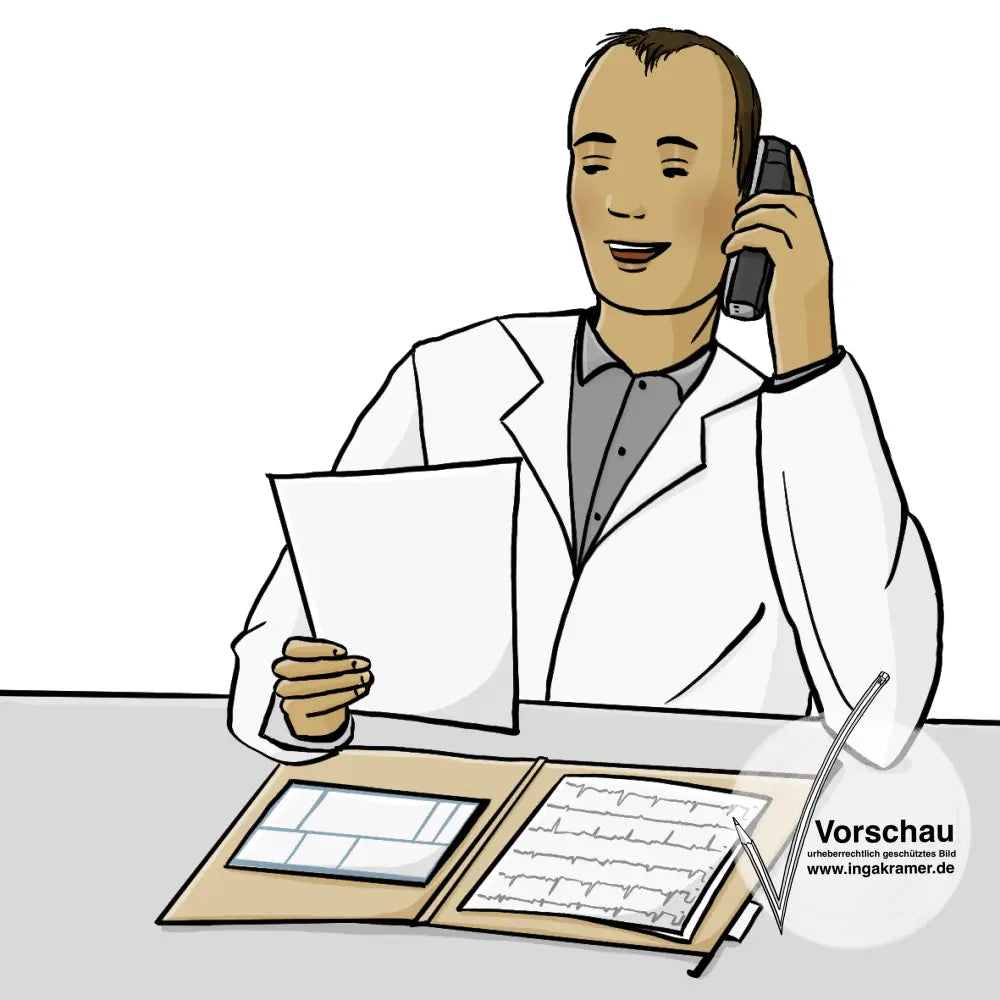 Ein Arzt telefoniert. Er sitzt an seinem Schreibtisch, vor ihm liegt eine Patienten-Akte.