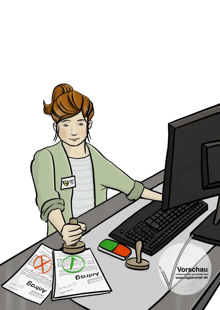 Eine Beamtin sitzt am Schreibtisch und stempelt Anträge ab. Auf den Anträgen sind ein grünes Häkchen oder ein roter durchgestrichener Kreis.
