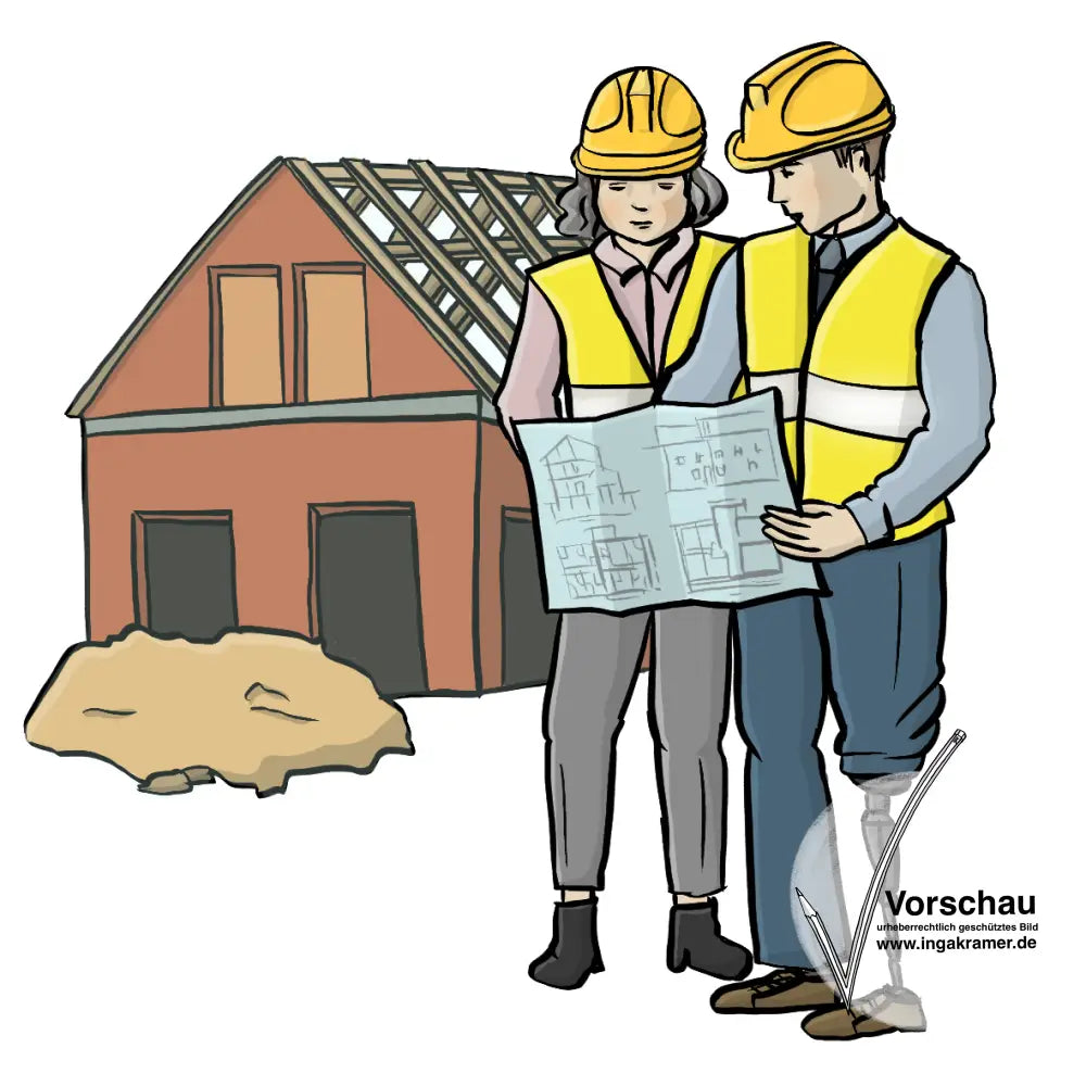 Zwei Bauingenieure stehen vor einem Rohbau und lesen Baupläne. Ein Mann und eine Frau. Der Mann trägt eine Beinprothese.