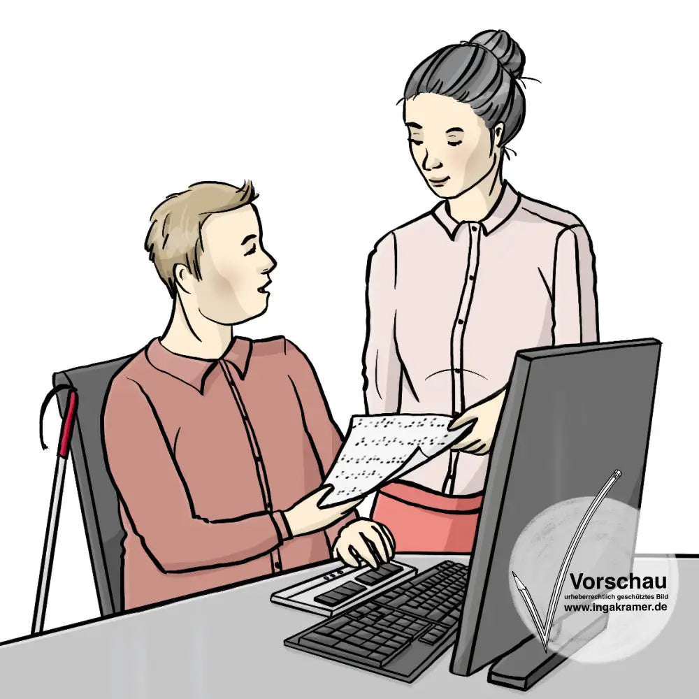 Ein blinder Mann arbeitet am Computer. Seine Chefin steht neben ihm und gibt Ihm Papiere.