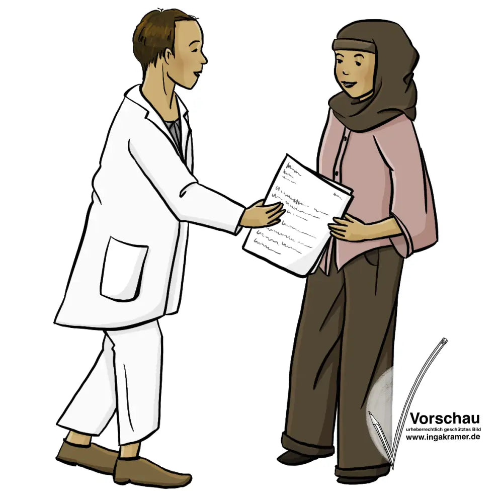 Eine Arzt gibt Unterlagen an eine Frau mit Kopftuch.