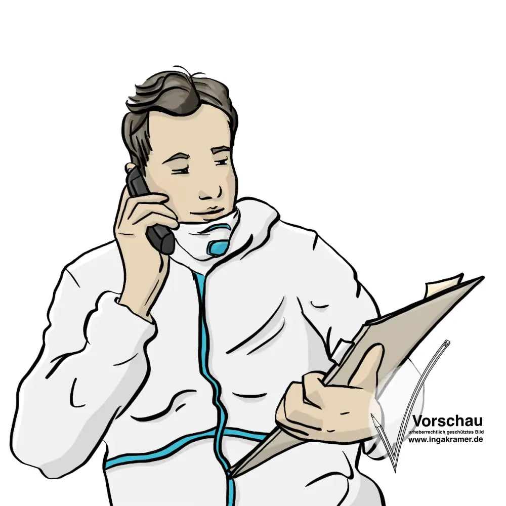 Ein Arzt telefoniert. Er hält eine Patienten-Akte im Arm. Er trägt einen Schutzanzug. Den Mundschutz hat er zum telefonieren heruntergezogen.