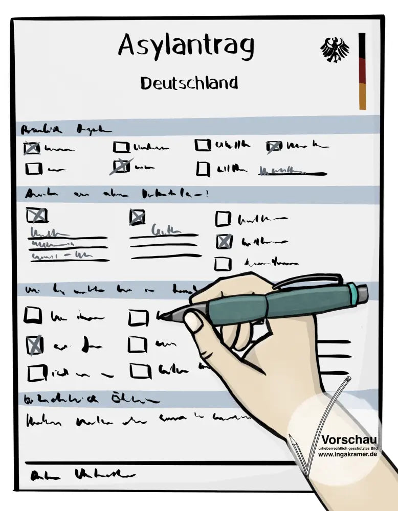 Ein Asylantrag. Eine Hand füllt den Antrag mit einem Kugelschreiber aus.