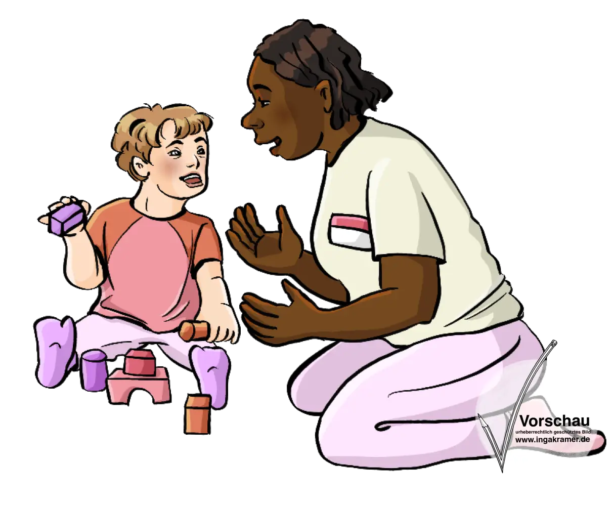 Ein Kind mit Downsyndrom spielt mit Bauklötzen. Eine Frau mit Namensschild kniet neben ihm und redet mit ihm.