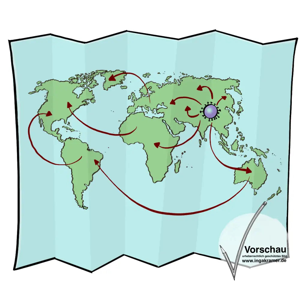 Eine Weltkarte. Im Land China ist ein Virus-Symbol. Pfeile zeigen von dem Virus in alle Kontinente.