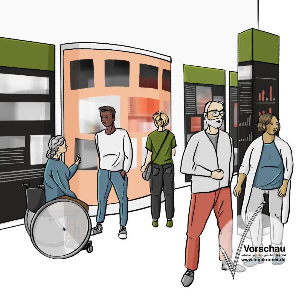 Eine Gruppe Menschen in einem Raum. An den Wänden hängen Bilder und Infotafeln.