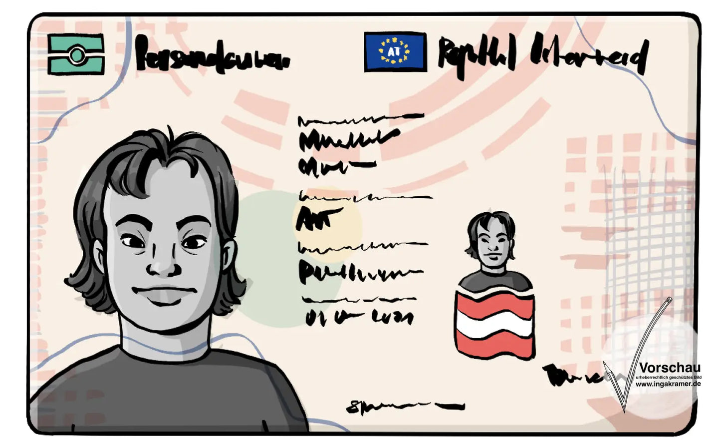 Ein Personalausweis mit dem Gesicht einer Frau und der Österreichischen Flagge.