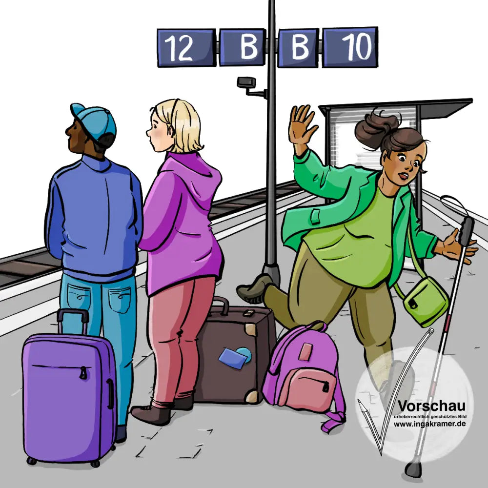 Auf einem Bahnsteig stehen Menschen und Gepäck. Eine Frau mit Blindenstock stolpert über einen Rucksack.