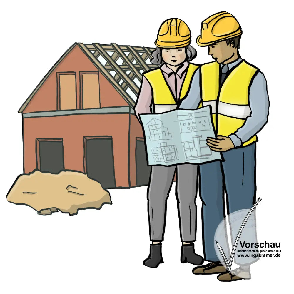 Zwei Bauingenieure stehen auf einer Baustelle. Eine Frau und ein Mann. Sie lesen einen Bauplan.