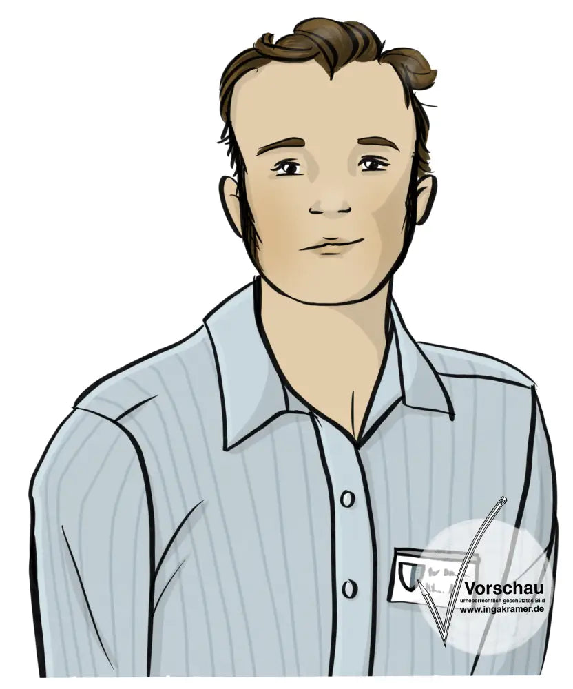 Ein Mann mit einem Hemd. Er trägt einen Mitarbeiter-Ausweis an der Brust.