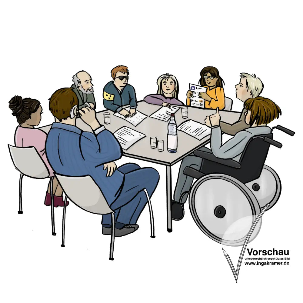 Eine Gruppe Menschen mit verschiedenen Behinderungen sitzt um einen Tisch herum. Auf dem Tisch liegen Papiere. Eine Person meldet sich.