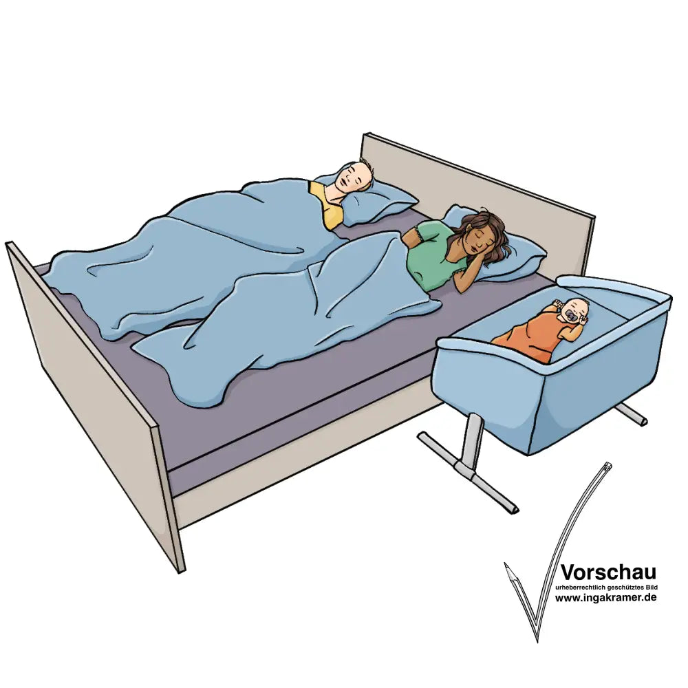 Ein Mann und eine Frau schlafen in einem Ehebett. Dicht daneben schläft ein Baby in einem Babybett.