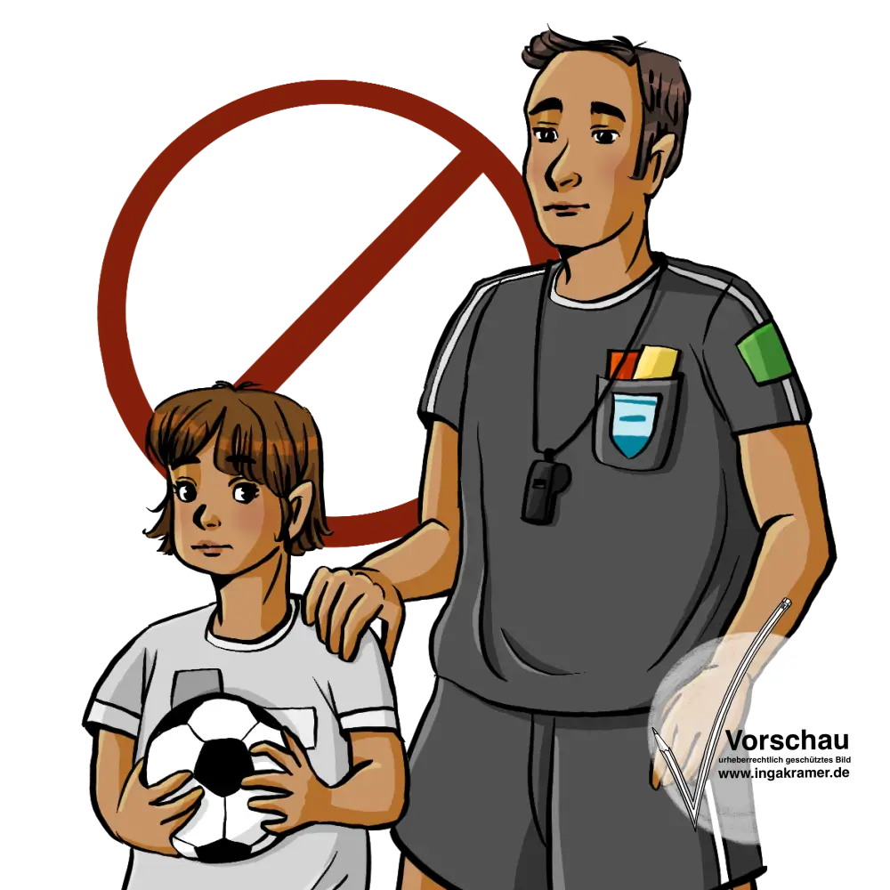 Ein durchgestrichener roter Kreis, davor stehen ein Mann und ein Kind mit hellbrauner Hautfarbe und dunklen Haaren. Der Mann trägt ein Schiedsrichtertrikot und eine Trillerpfeife um den Hals. Das Kind trägt ein Fußballtrikot und hält einen Fußball. Beide schauen traurig. 
