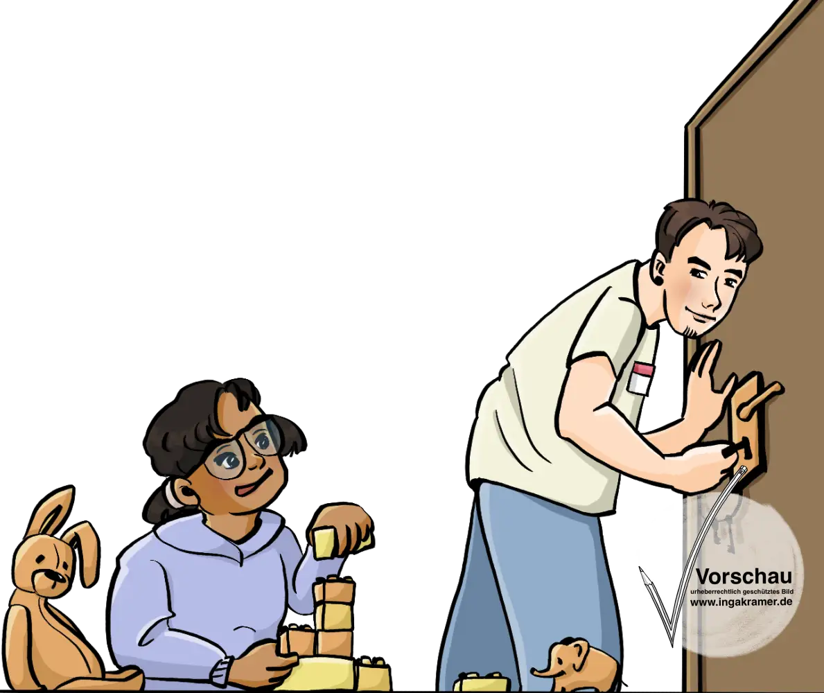 Ein Kind sitzt und spielt. Im Hintergrund schließt ein Mann mit Namensschild die Tür zu.