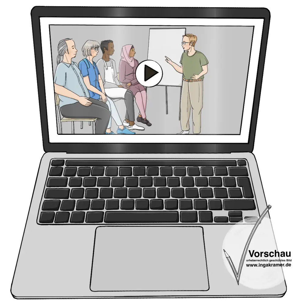 Ein Laptop mit einem Play-Zeichen auf dem Bildschirm. Auf dem Bildschirm sitzen Menschen auf Stühlen. Eine Frau zeigt etwas an einer Flipchart.