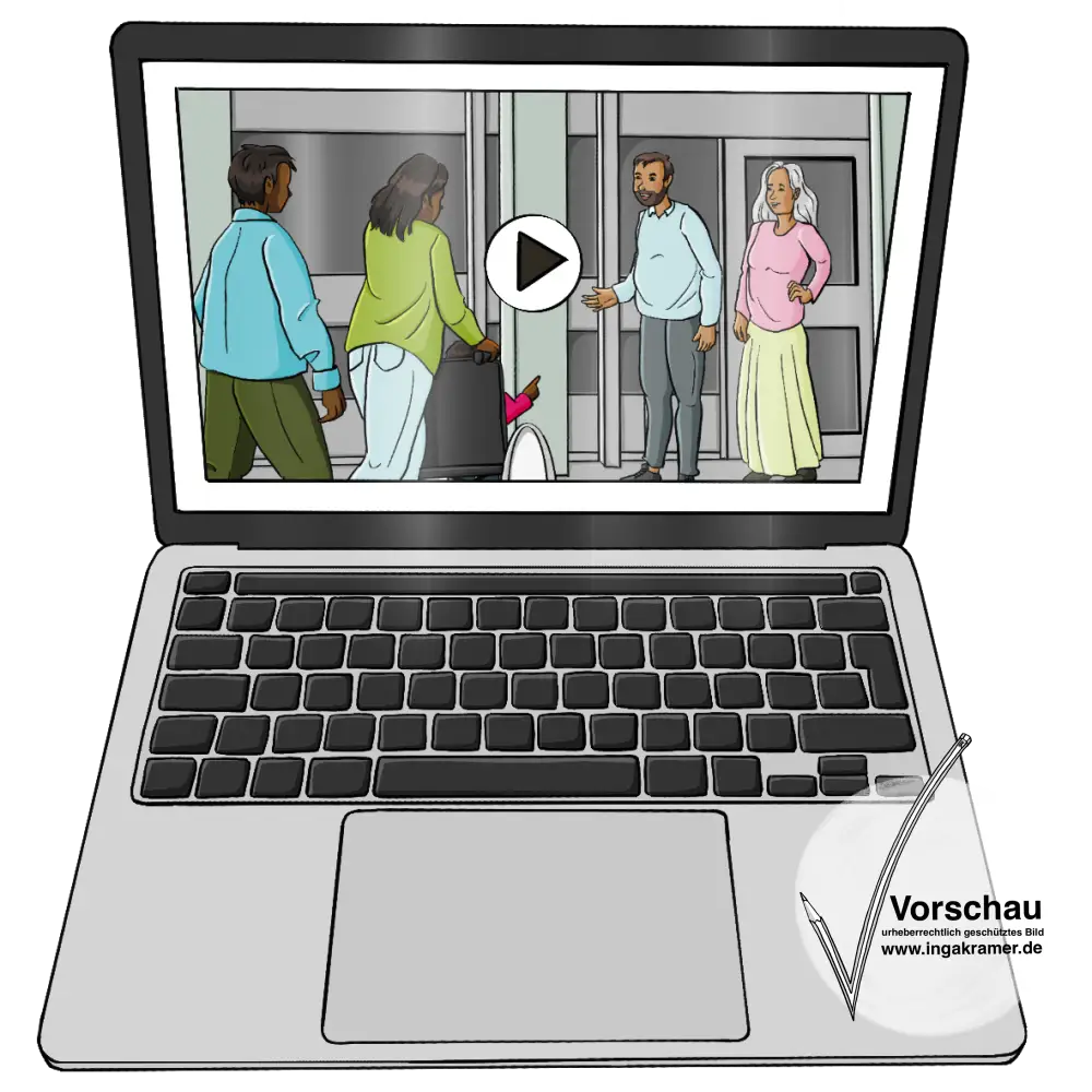 Ein Laptop mit einem Play-Zeichen auf dem Bildschirm. Auf dem Bildschirm gehen ein Mann und eine Frau und ein Kind im Rollstuhl auf ein Gebäude zu. Im Eingang stehen ein Mann und eine Frau.