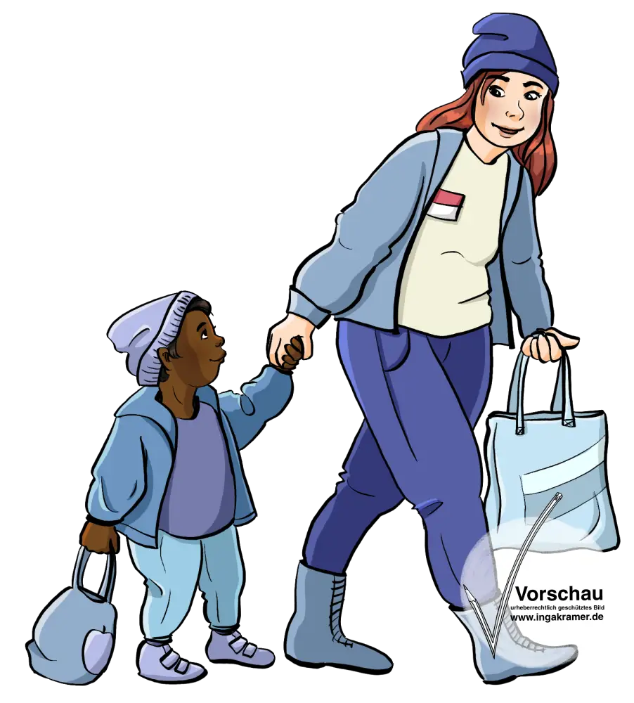 Eine Frau mit Namensschild hält ein Kind an der Hand. Beide tragen Einkaufsbeutel.