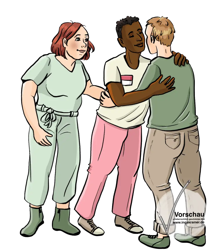 Ein Mann und eine Frau umarmen einen Mann mit Namensschild.