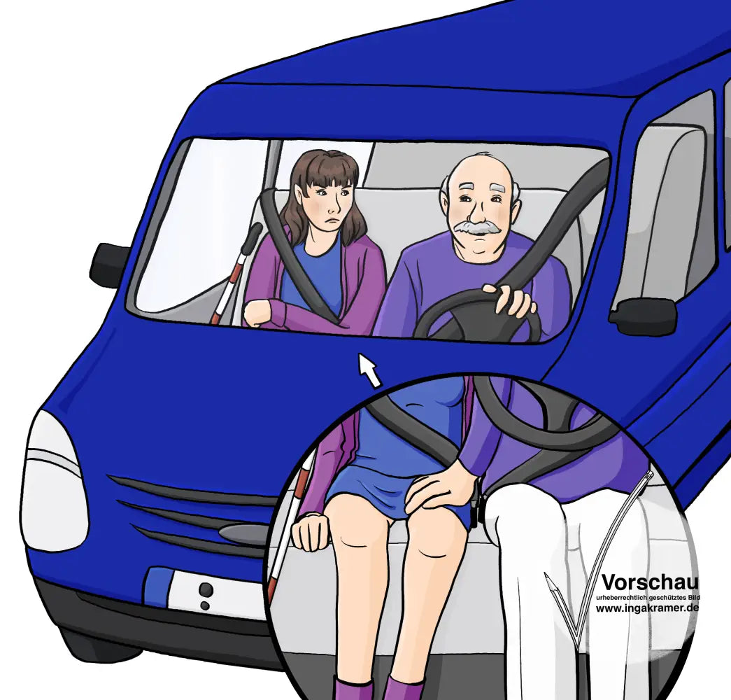 Eine Frau sitzt vorne in einem Kleinbus, der Fahrer fasst ihr an den Oberschenkel.