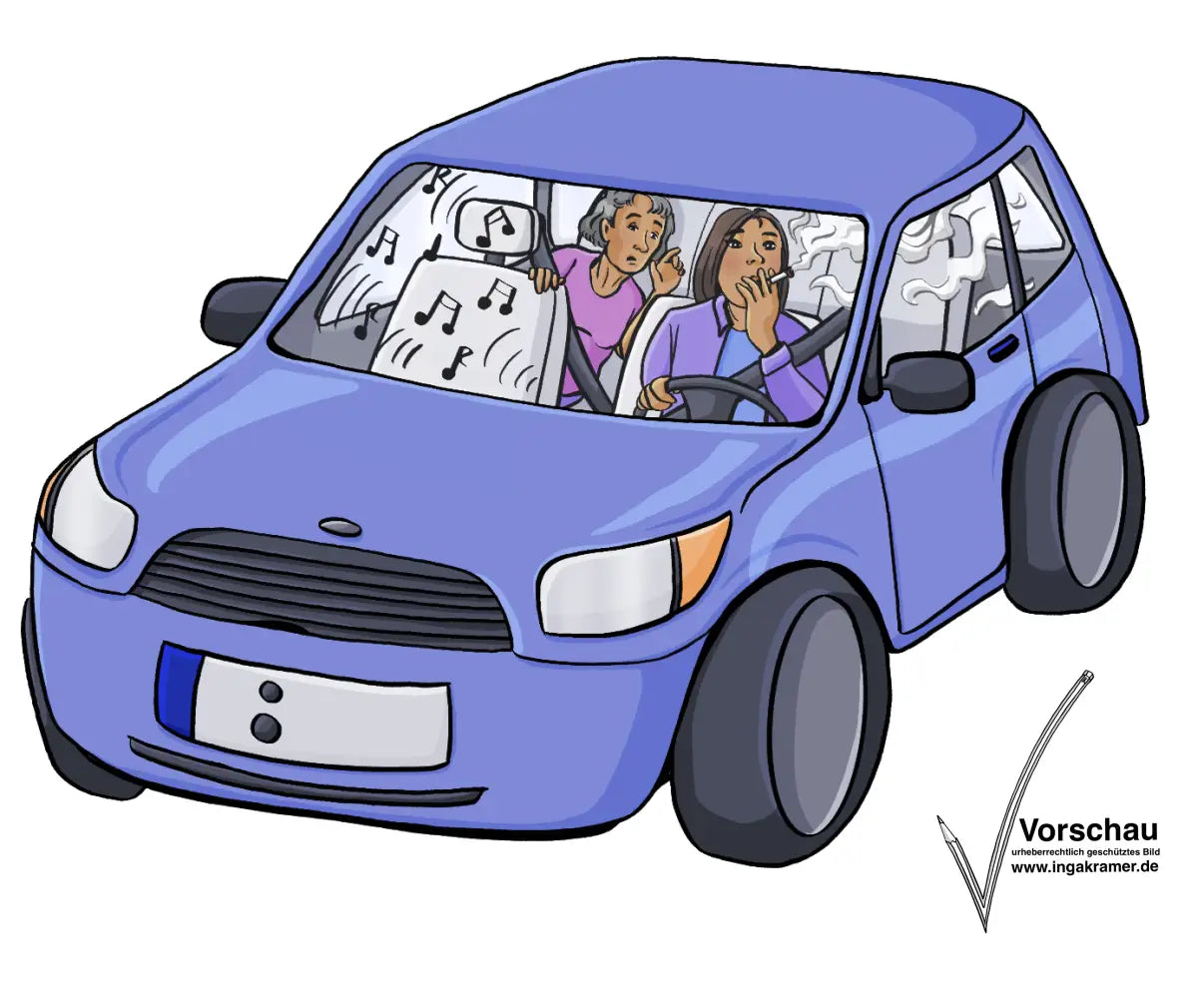 Eine Frau sitzt hinten im Auto, die Fahrerin raucht. In einer Sprechblase sind Musik-Noten.