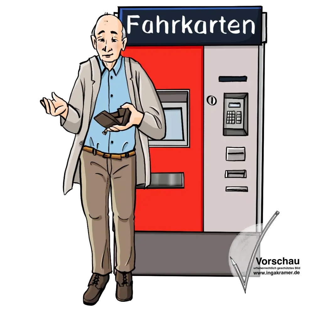 Ein älterer Mann steht vor einem Fahrkartenautomat und schaut in sein leeres Portemonnaie.