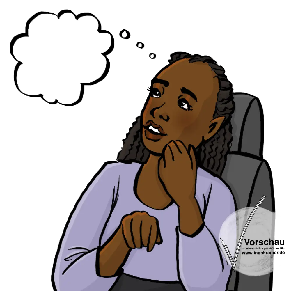 Eine Frau im Rollstuhl mit einer Denkblase. Sie schaut nachdenklich.