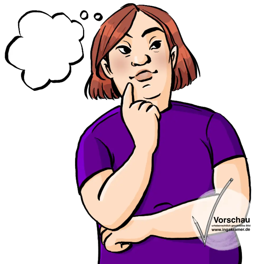 Eine Frau mit Downsyndrom mit einer Denkblase. Sie schaut nachdenklich.