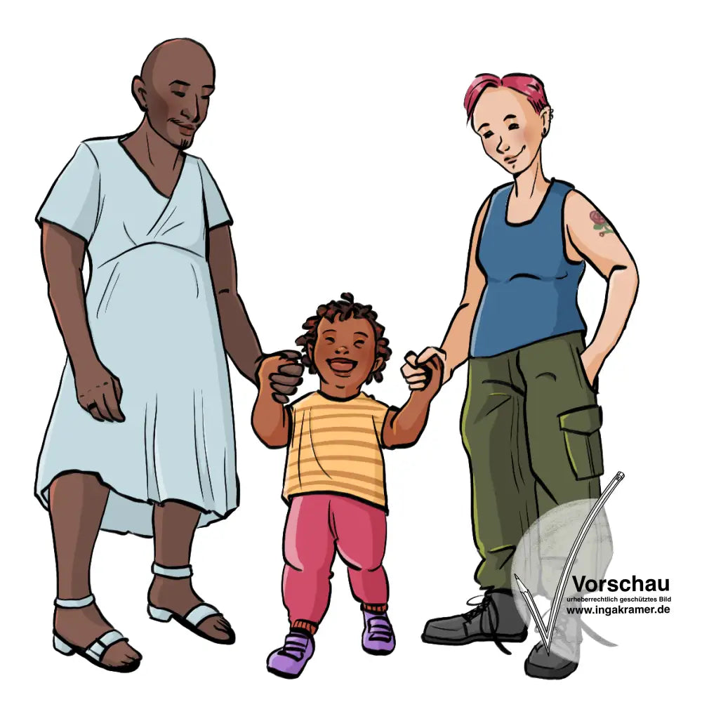 Eine Person mit Bart und Kleid und eine Person mit Brüsten, Cargohose, Tattoos und kurzen Haaren halten ein Kind mit Downsyndrom an der Hand.