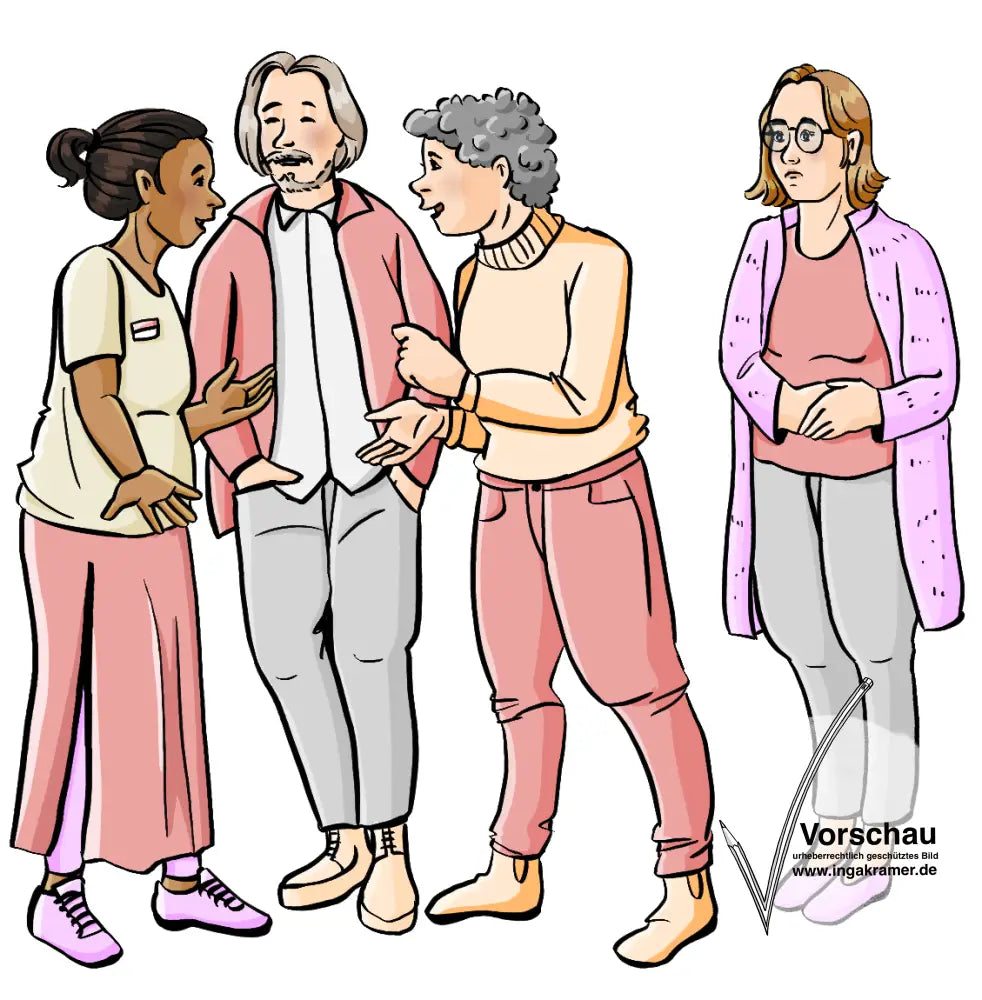 Ein Mann und eine Frau sprechen mit einer Fachkraft. Eine andere Frau steht daneben und guckt traurig.