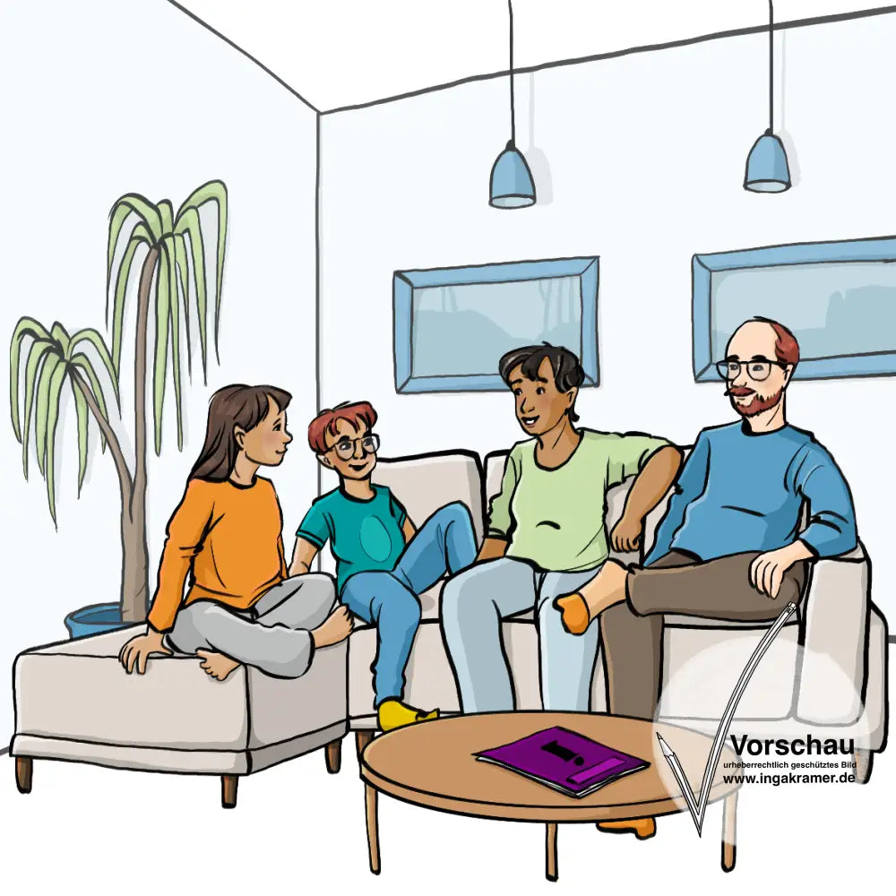 Mutter, Vater, Tochter und Sohn sitzen auf dem Sofa. Auf einem kleinen Tisch liegt ein Infoheft.