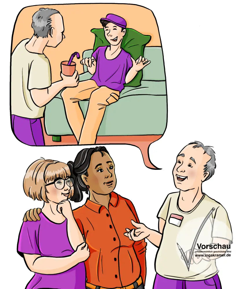 Ein Mann mit Namensschild redet mit zwei Frauen. In einer Sprechblase ist ein zweites Bild: Der Mann trägt einen Becher mit Strohalm zu einem Sofa. Dort sitzt ein junger Mann mit einer Spastik.