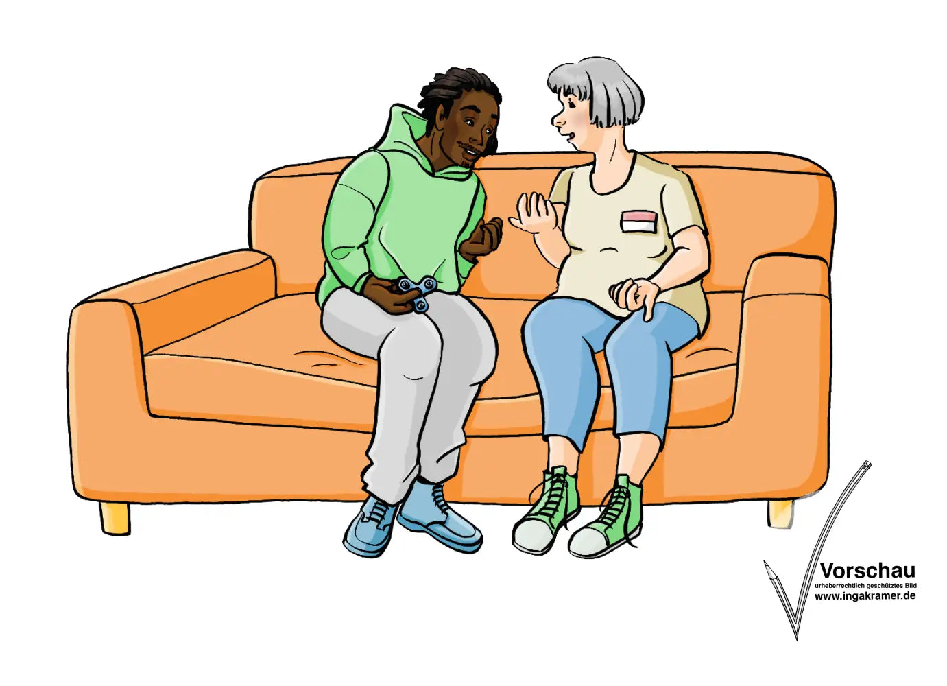 Ein Mann und eine Frau sitzen auf einem Sofa und reden. Die Frau trägt ein Namensschild.