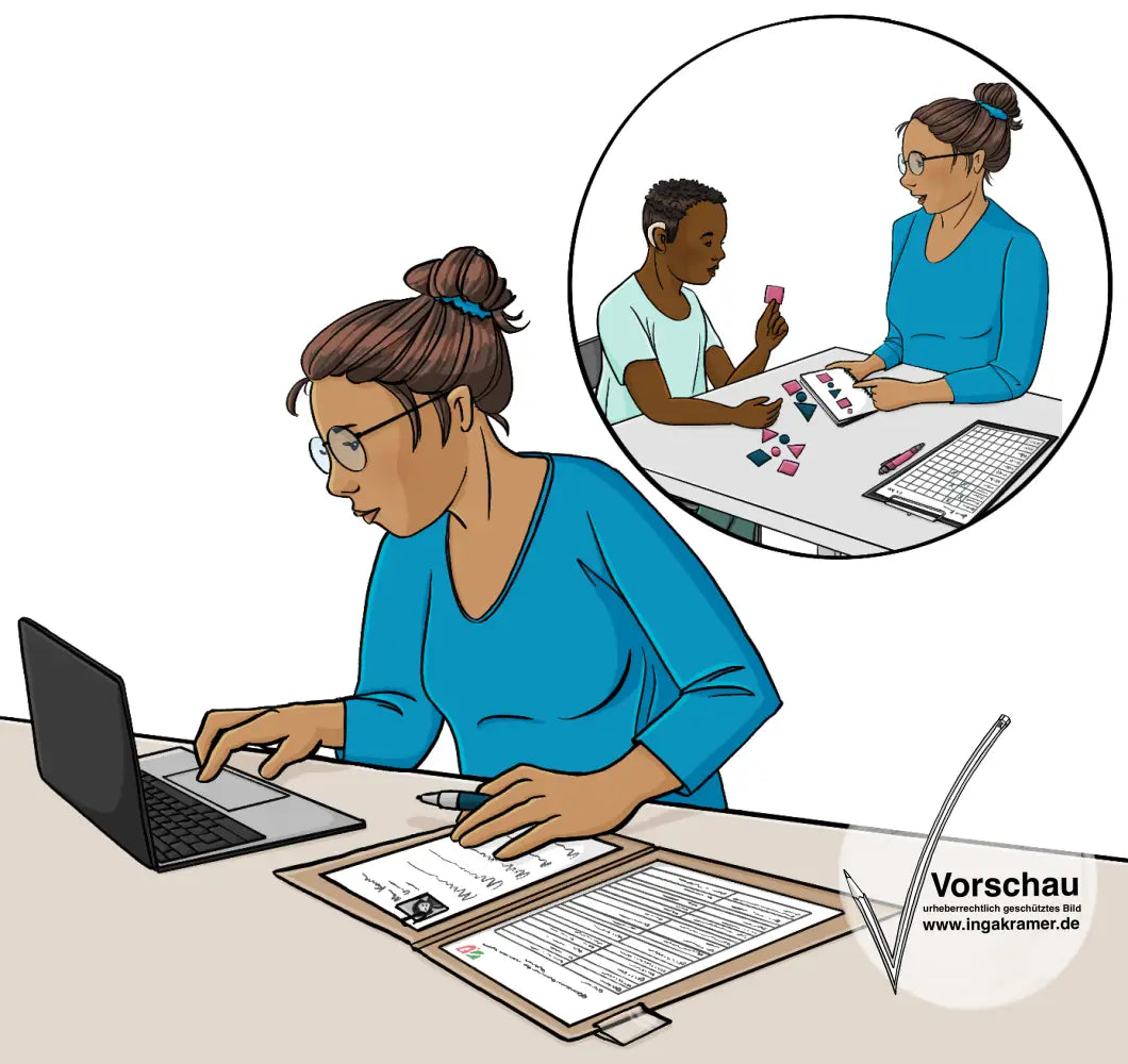 Eine Frau schreibt auf einem Laptop. Neben ihr liegt eine aufgeschlagene Akte. Über der Frau ist ein Kreis mit einem weiteren Bild. Darauf sitzen die gleiche Frau und ein Junge mit Hörgerät gegenüber. Auf dem Tisch liegt ein Klemmbrett. Die Frau zeigt dem Jungen ein Bild von einer Reihe von Vierecken, Kreisen und Dreiecken. Der Junge legt die Reihe mit Plättchen nach.