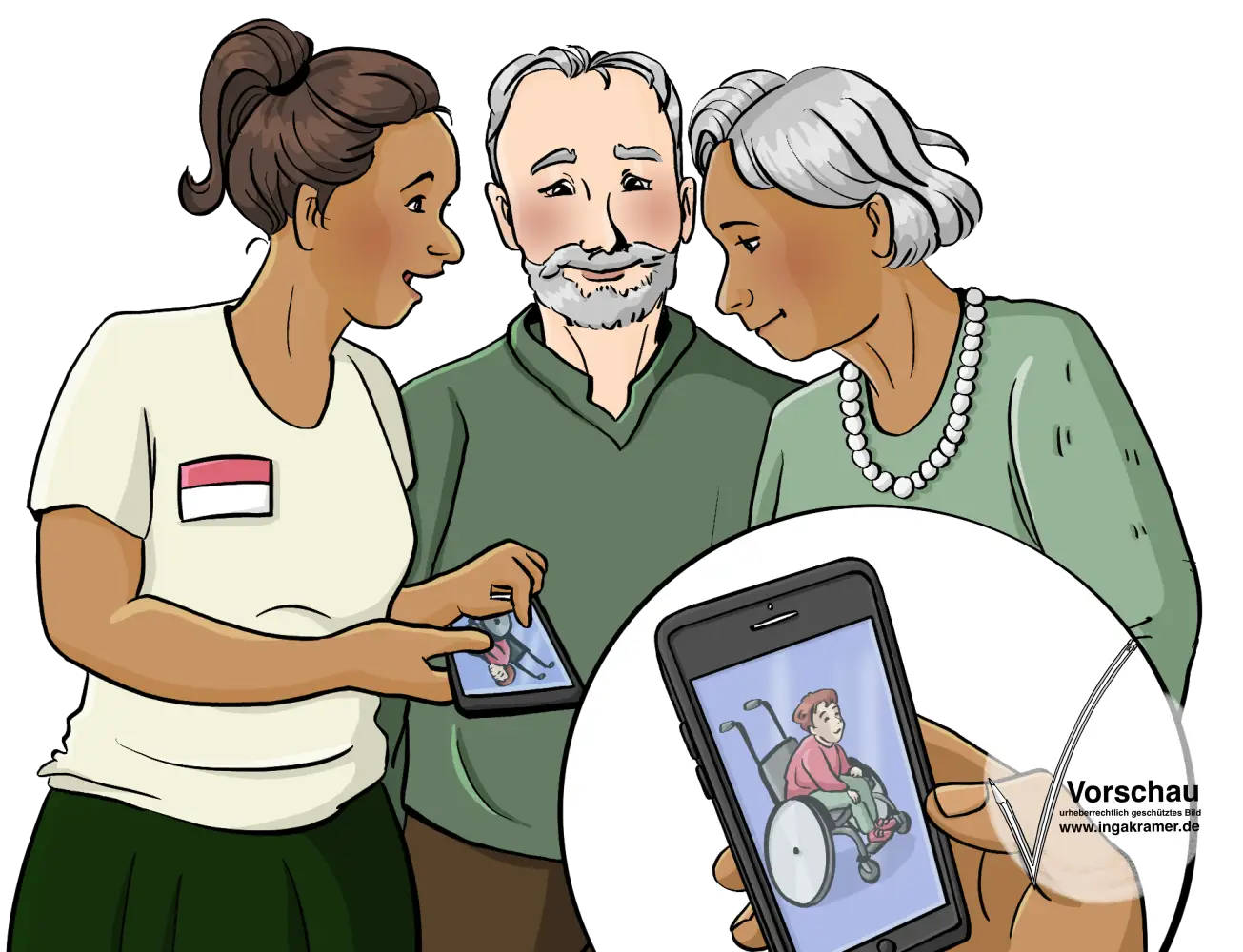 Eine Frau mit Namensschild zeigt einem Mann und einer Frau ihr Handy. Auf dem Handy ist ein Bild von einem Kind im Rollstuhl.