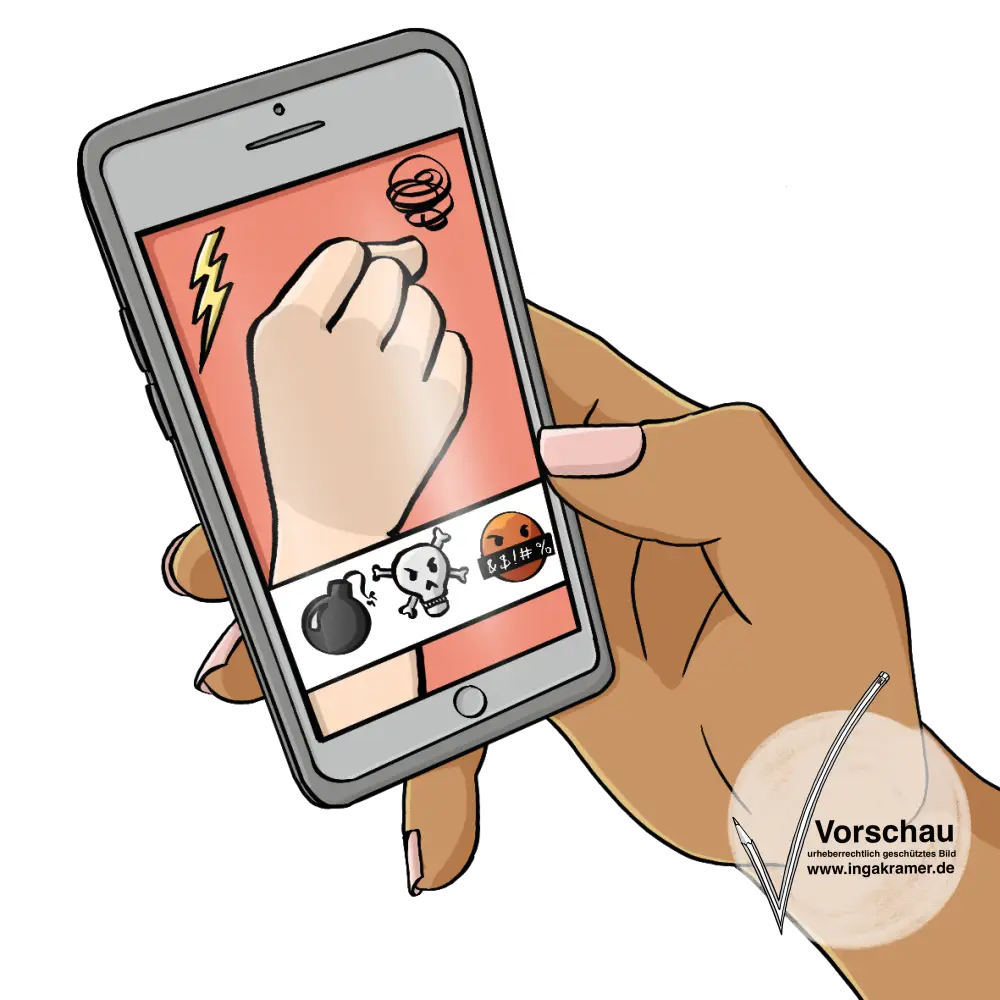 Eine Hand hält ein Smartphone. Auf dem Bildschirm ist eine Faust und verschiedene emojis: ein Blitz, eine dunkle Wolke, eine Bombe, ein Totenkopf und ein wütendes Gesicht.