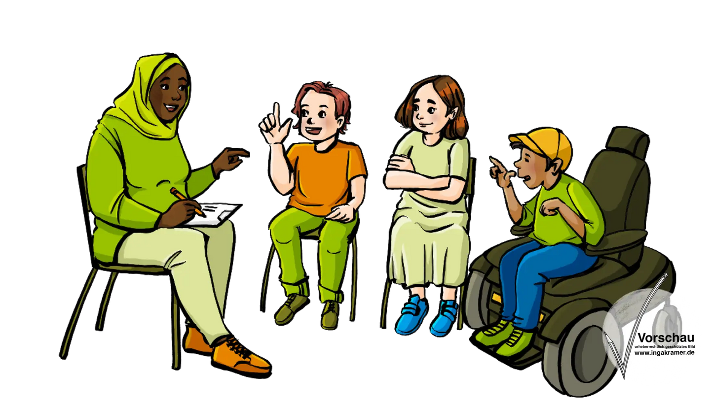 Eine Frau und Kinder sitzen im Stuhlkreis.