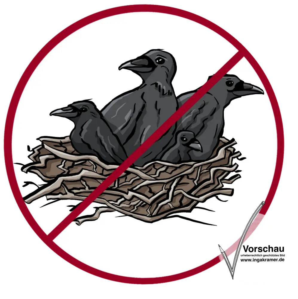 Ein Nest mit einer Rabenfamilie. Das Bild ist durchgestrichen.