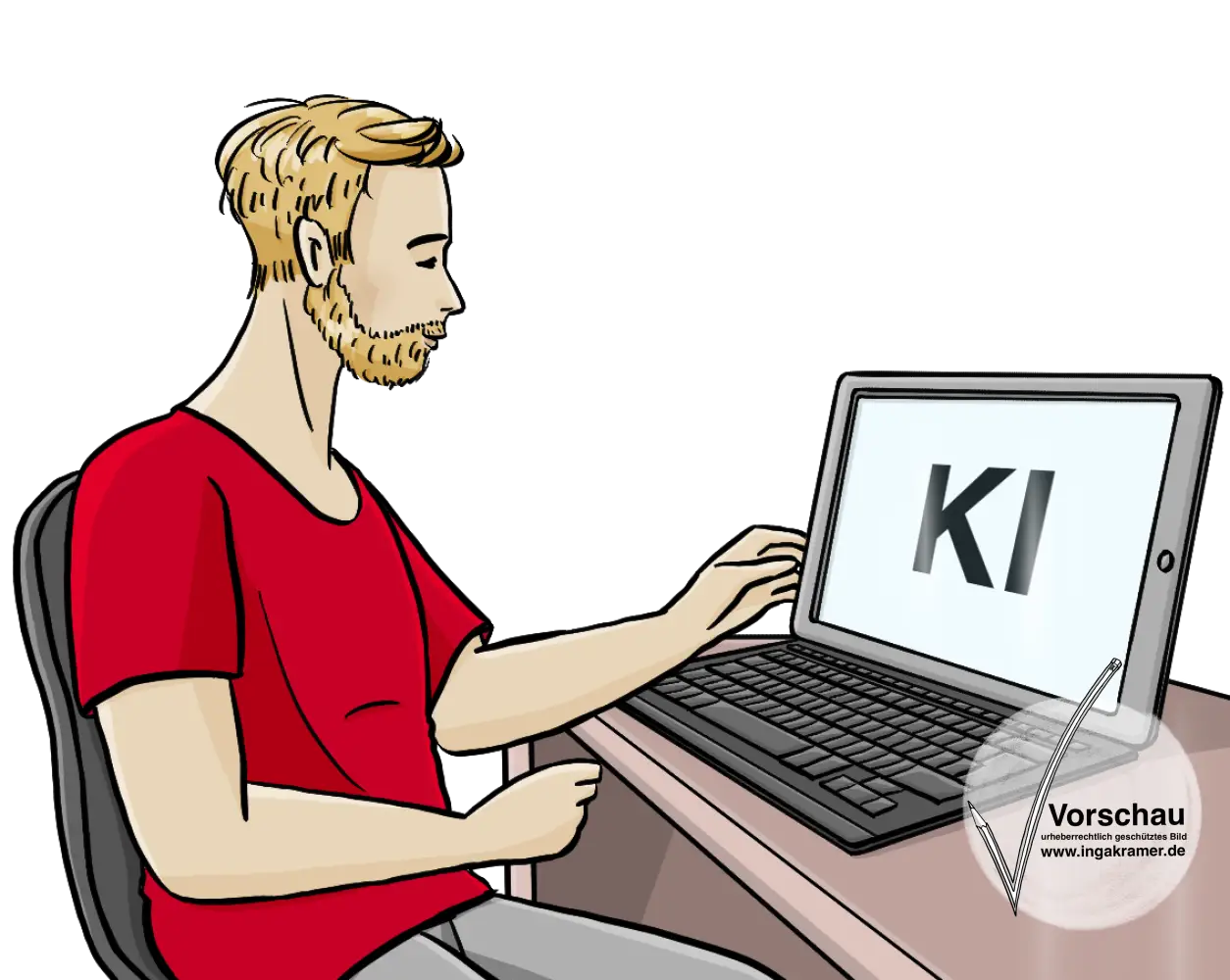 Ein Mann schreibt an einem Laptop. Auf dem Bildschirm steht: KI