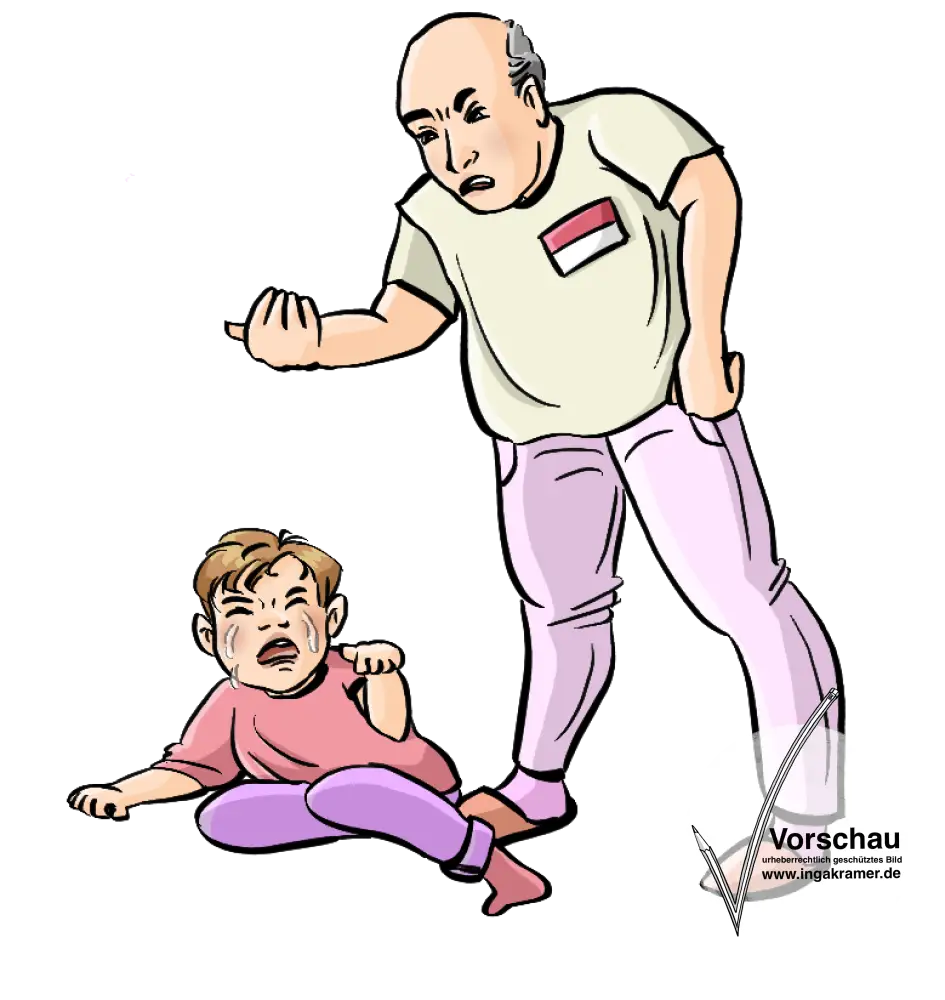 Ein Kleinkind sitzt auf dem Boden und weint. Ein Mann mit Namensschild steht daneben und gestikuliert ärgerlich.
